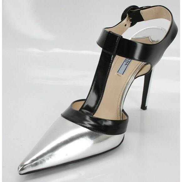Prada Ankle T Strap Silver Pointed Toe Pumps SZ 39.5 Ankle Heels - Picture 1 of 12